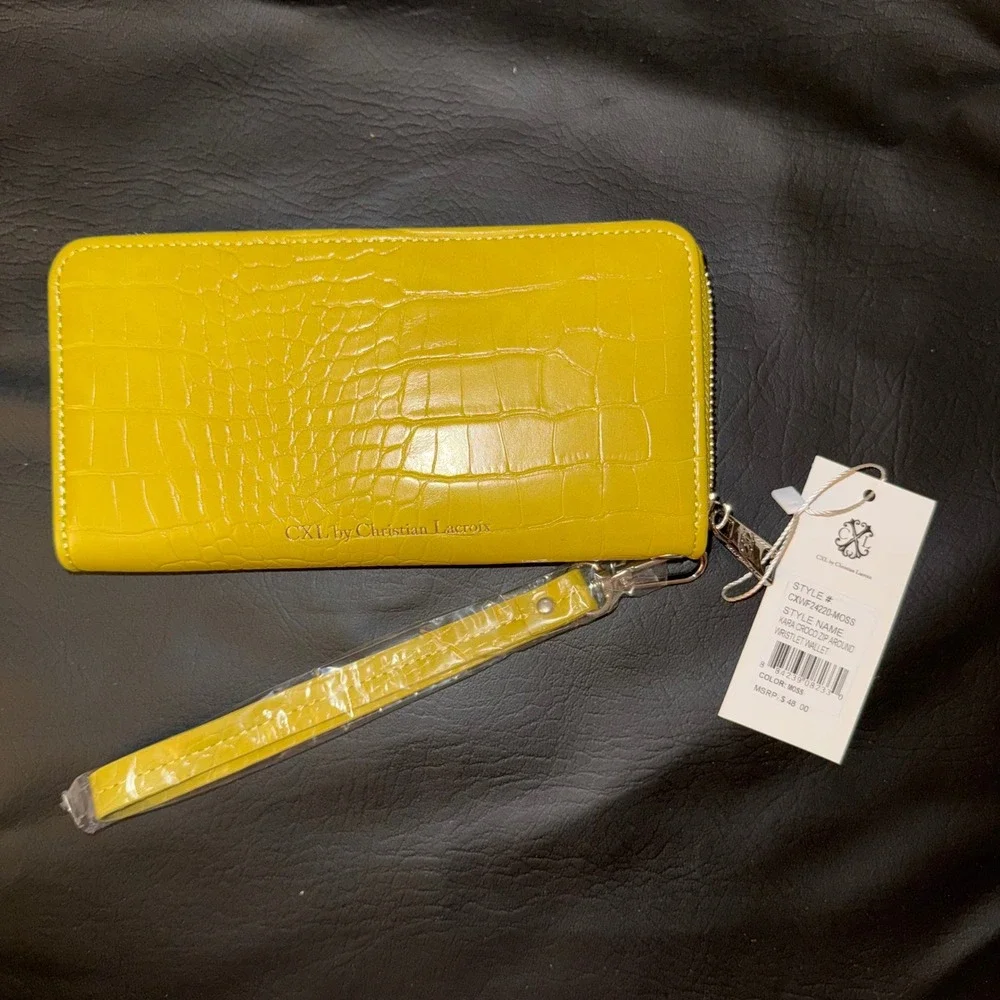 CXL by Christian Lacroix Kara Croco Zip Around Wristlet Wallet Moss Yellow NEW